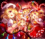  4girls 60mai bangs black_background blonde_hair blush bow closed_mouth collar crying crystal danmaku dress eyebrows_visible_through_hair flandre_scarlet flying four_of_a_kind_(touhou) frills hair_between_eyes hand_up hands_up hat hat_ribbon holding jewelry light looking_at_another looking_at_viewer mob_cap multicolored multicolored_wings multiple_girls one_eye_closed one_side_up open_mouth polearm puffy_short_sleeves puffy_sleeves red_background red_dress red_eyes red_ribbon red_skirt red_vest ribbon shadow shirt short_hair short_sleeves skirt smile spear spell_card standing surprised tears touhou vest weapon white_bow white_collar white_headwear white_shirt white_sleeves wings yellow_neckwear 