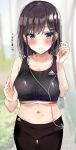  1girl adidas black_hair blue_eyes blush breasts commentary_request earphones eyebrows_visible_through_hair hair_ornament hairclip highres large_breasts looking_at_viewer midriff navel original rouka_(akatyann) short_hair solo sweat translation_request 