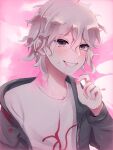  1boy bangs blood blood_from_mouth blush collarbone commentary_request dangan_ronpa_(series) dangan_ronpa_2:_goodbye_despair eyebrows_visible_through_hair green_jacket grin hand_up jacket kami_shiro_(siro_319) komaeda_nagito long_sleeves looking_at_viewer male_focus messy_hair off_shoulder open_clothes pink_background pink_blood print_shirt shiny shiny_hair shirt short_hair smile solo upper_body white_background white_shirt 