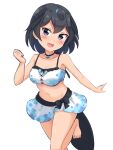  1girl :d absurdres bangs bare_arms bare_legs bare_shoulders barefoot bikini bikini_skirt black_eyes black_hair breasts clenched_hand collarbone foot_out_of_frame greater_lophorina_(kemono_friends) head_wings highres kemono_friends looking_at_viewer medium_breasts navel open_mouth shiraha_maru short_hair simple_background smile solo swimsuit white_background 