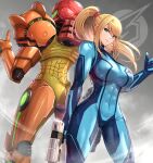  &gt;:) 1girl abs absurdres ass_visible_through_thighs blonde_hair blue_bodysuit bodysuit breasts closed_mouth commentary_request covered_navel feet_out_of_frame gonzarez green_eyes gun highres holding holding_gun holding_weapon impossible_bodysuit impossible_clothes large_breasts long_hair metroid ponytail power_suit samus_aran sidelocks skin_tight smile solo standing thumbs_up v-shaped_eyebrows weapon zero_suit 