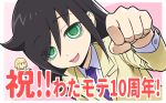  2girls :d anniversary bangs black_hair blazer blonde_hair bob_cut border chibi clenched_hand closed_eyes collared_shirt commentary_request dutch_angle eyebrows_visible_through_hair fist_bump green_eyes happy highres ichikawa_masahiro jacket kuroki_tomoko long_hair long_sleeves looking_at_another looking_at_viewer minigirl multiple_girls number open_mouth outside_border outstretched_hand purple_neckwear reaching_out shirt short_hair sidelocks smile solid_oval_eyes solo_focus translation_request uchi_emiri upper_body watashi_ga_motenai_no_wa_dou_kangaetemo_omaera_ga_warui! white_border white_shirt yellow_jacket 