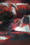  1boy absurdres amamiya_ren bangs black_hair blood blood_on_face btmr_game closed_mouth hair_between_eyes highres jacket lying male_focus on_side persona persona_5 red_eyes reflection signature solo 