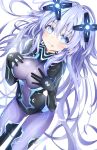  1girl absurdres blue_eyes bodysuit breasts covered_navel eyebrows_visible_through_hair giga-tera hair_between_eyes headgear highres long_hair looking_at_viewer medium_breasts neptune_(series) next_purple power_symbol purple_bodysuit purple_hair purple_heart shin_jigen_game_neptune_vii simple_background solo symbol-shaped_pupils tongue tongue_out very_long_hair 