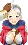  absurdres ahoge bangs blue_eyes braid breasts brown_gloves fire fire_emblem fire_emblem_fates fire_emblem_heroes gloves hairband harness headpat heart heart-shaped_pupils highres hood hood_down igni_tion kiran_(fire_emblem) large_breasts looking_at_viewer male_hand md5_mismatch nina_(fire_emblem) open_mouth symbol-shaped_pupils twin_braids upper_body 