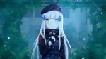  1girl absurdres bangs beret blunt_bangs blurry commentary cross_hair_ornament depth_of_field facial_mark girls_frontline gloves green_eyes hair_ornament hat highres hk416_(girls_frontline) incoming_kiss long_hair military_jacket parted_lips silver_hair solo teardrop_tattoo upper_body white_gloves white_hair wo_you_yibei_jia_wanli 