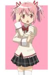  1girl blush bow bowtie crossed_arms highres kaname_madoka kneehighs looking_at_viewer magia_record:_mahou_shoujo_madoka_magica_gaiden mahou_shoujo_madoka_magica mitakihara_school_uniform open_mouth over-kneehighs pink_eyes pink_hair red_neckwear red_ribbon ribbon riokasen school_uniform short_hair short_twintails skirt solo soul_gem spoilers thigh-highs twintails two-tone_background 
