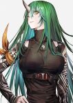  1girl aoki_(fumomo) arknights armband black_shirt breasts clothing_cutout commentary green_hair grey_background hair_between_eyes hand_on_hip highres horns hoshiguma_(arknights) hoshiguma_(patrolling_ronin)_(arknights) jewelry large_breasts long_hair looking_at_viewer magatama magatama_necklace necklace official_alternate_costume oni_horns parted_lips scar scar_on_cheek scar_on_face shirt shoulder_cutout simple_background single_horn smile solo straight_hair strap symbol-only_commentary turtleneck upper_body yellow_eyes 