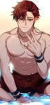  1boy abs absurdres bracer character_request closed_mouth eloseu_(haribochase) highres jewelry king&#039;s_raid looking_at_viewer male_focus male_swimwear muscular muscular_male necklace nipples redhead sandals shirtless smile solo swimsuit violet_eyes water 