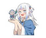  1girl blue_eyes blue_hair blue_hoodie blue_nails blush eyebrows_visible_through_hair figure gawr_gura holding holding_toy hololive hololive_english hood hoodie ichigo_(lb450232) multicolored_hair nendoroid sharp_teeth silver_hair smile solo streaked_hair teeth toy two_side_up upper_body virtual_youtuber white_background 