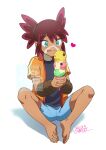  1boy :q bangs barefoot black_shirt blue_shorts blush commentary_request dated eyebrows_visible_through_hair food full_body green_eyes hair_between_eyes hands_together heart highres holding ice_cream interlocked_fingers jacket knees koko_(pokemon) looking_at_object male_focus nanaura_narina open_clothes open_jacket orange_jacket pokemon pokemon_(anime) pokemon_m23 redhead shirt shorts signature sitting solo spread_legs tied_hair toes tongue tongue_out watermark 