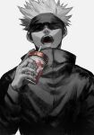  1boy blindfold covered_eyes cup drinking_straw facing_viewer gojou_satoru hand_up high_collar highres holding holding_cup jacket jujutsu_kaisen kuwoniagyu11112 long_sleeves male_focus open_mouth partially_colored short_hair simple_background solo teeth upper_body 
