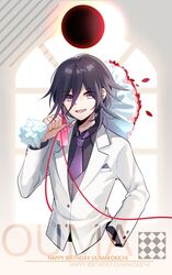  1boy :d alternate_costume bangs black_hair black_shirt bouquet character_name collared_shirt commentary_request cropped_torso dangan_ronpa_(series) dangan_ronpa_v3:_killing_harmony ear_piercing flower grey_vest hair_between_eyes hand_in_pocket happy_birthday highres holding holding_bouquet jacket long_sleeves looking_at_viewer male_focus necktie open_mouth ouma_kokichi piercing pink_eyes purple_neckwear qiao_xing red_flower red_ribbon ribbon shiny shiny_hair shirt smile solo upper_body vest violet_eyes white_jacket 