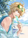  1boy ahoge animal_ears arknights bangs blonde_hair blue_eyes blue_shirt clouds crossed_bangs day dog_ears dog_tail eyewear_on_head food hair_between_eyes highres holding jacket long_sleeves male_focus off_shoulder outdoors popsicle shirt sky sleeveless sleeveless_shirt solo sunglasses sweat tail tequila_(arknights) upper_body vicky26220183 