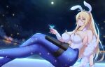  1girl animal_ears armpits artoria_pendragon_(all) artoria_pendragon_(swimsuit_ruler)_(fate) blonde_hair breasts cocktail_glass crossed_legs cup detached_collar drinking_glass eyebrows_visible_through_hair fake_animal_ears fate/grand_order fate_(series) green_eyes highres kaitofuuma large_breasts long_hair looking_at_viewer night night_sky outdoors pantyhose playboy_bunny ponytail rabbit_ears sky solo thighs tiara wrist_cuffs 