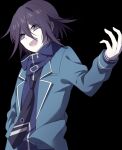  1boy :d alternate_costume bangs black_background black_neckwear commentary_request dangan_ronpa_(series) dangan_ronpa_v3:_killing_harmony green_jacket hair_between_eyes hand_up jacket long_sleeves looking_at_viewer male_focus necktie open_clothes open_jacket open_mouth ouma_kokichi pale_skin qiao_xing scarf shiny shiny_hair short_hair simple_background smile solo striped striped_neckwear upper_body violet_eyes 
