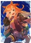  1girl animal_ears belt blue_sky breasts brown_eyes commentary dog_tags ear_ribbon green_jacket horse_ears horse_girl horse_tail jacket long_hair looking_at_viewer looking_down mayano_top_gun_(umamusume) open_mouth orange_hair panda_inu shorts sky solo tail thigh-highs twintails two_side_up umamusume under_boob 