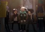  3girls 4boys :d ahoge alternate_costume bag bangs black_bag black_gloves black_hair black_headwear black_jacket black_legwear black_pants blue_hair blue_scarf boots brown_footwear brown_jacket buttons closed_eyes cold dangan_ronpa:_trigger_happy_havoc dangan_ronpa_(series) dangan_ronpa_2:_goodbye_despair dangan_ronpa_v3:_killing_harmony from_behind gloves green_jacket grey_hair hair_ribbon hood hood_down hooded_jacket jacket keebo kirigiri_kyouko knee_boots laaaicha long_hair maizono_sayaka miniskirt multiple_boys multiple_girls open_clothes open_jacket open_mouth ouma_kokichi pants pantyhose pink_hair pleated_skirt ribbon saihara_shuuichi scarf sharp_teeth shirt short_hair shoulder_bag skirt smile snow souda_kazuichi sweatdrop teeth thigh-highs train_interior white_shirt zettai_ryouiki 