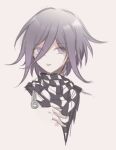  1boy bangs black_scarf checkered checkered_neckwear checkered_scarf commentary_request cropped_shoulders dangan_ronpa_(series) dangan_ronpa_v3:_killing_harmony eyebrows_visible_through_hair grey_background hair_between_eyes looking_at_viewer male_focus ouma_kokichi purple_hair qiao_xing scarf shiny shiny_hair short_hair simple_background sketch solo tongue tongue_out upper_body violet_eyes white_scarf 