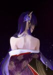  1girl artist_name back_tattoo bare_shoulders commentary english_commentary floral_print flower from_behind genshin_impact hair_ornament highres japanese_clothes kimono long_hair purple_flower purple_hair raiden_(genshin_impact) simple_background tassel tattoo tcell0 undressing 
