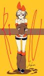  1girl 3kuma bandaid bandaid_on_face bandaid_on_nose bare_shoulders black_eyes bow character_name commentary crossed_arms detached_sleeves expressionless full_body hair_bow headphones highres kagamine_rin knee_blush leaning_forward leaning_on_rail leg_warmers limited_palette object_hug orange_background red_bow shadow short_hair short_shorts shorts shoulder_blush signature sleeves_past_fingers sleeves_past_wrists solo standing stuffed_animal stuffed_toy vocaloid 
