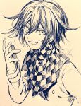  1boy bangs buttons checkered checkered_neckwear checkered_scarf commentary_request cropped_torso dangan_ronpa_(series) dangan_ronpa_v3:_killing_harmony flipped_hair grin hair_between_eyes hand_up highres huyuharu0214 jacket long_sleeves looking_at_viewer monochrome ouma_kokichi scarf signature simple_background smile solo traditional_media upper_body 