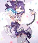  1girl animal_ears bell blurry blurry_background cat_ears cat_tail commentary_request dress fang hair_ornament hechima_(issindotai) highres indie_virtual_youtuber kohigashi_hitona leg_up looking_at_viewer multicolored_hair one_eye_closed open_mouth purple_hair tail thigh-highs violet_eyes virtual_youtuber white_legwear 