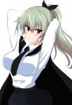  1girl absurdres aikir_(jml5160) alternate_hairstyle anchovy_(girls_und_panzer) anzio_school_uniform arms_behind_head arms_up bangs black_cape black_neckwear black_ribbon black_skirt cape closed_mouth commentary cowboy_shot dress_shirt eyebrows_visible_through_hair girls_und_panzer green_hair hair_ribbon highres long_hair long_sleeves looking_at_viewer necktie pleated_skirt ponytail red_eyes ribbon school_uniform shirt simple_background skirt smile solo standing white_background white_shirt wing_collar 