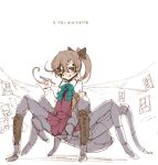  1girl :q akigumo_(kancolle) arachne arthropod_girl blue_bow blue_neckwear blush bow bowtie brown_bow dress fountain_pen green_eyes hair_bow highres holding holding_pen kantai_collection long_sleeves looking_at_viewer monster_girl monsterification pen ponytail red_dress shirt smile solo spider_girl taur tongue tongue_out white_shirt z-ton 