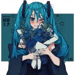  1girl absurdres artist_name bangs black_jacket black_skirt blue_background blue_eyes blue_flower blue_hair blue_nails blue_shirt bouquet character_name commentary copyright_name daliyang english_commentary eyebrows_visible_through_hair flower hair_between_eyes hatsune_miku highres holding holding_bouquet jacket long_hair looking_at_viewer nail_polish off_shoulder one_eye_closed parted_lips pleated_skirt shirt shirt_tucked_in skirt sleeveless sleeveless_shirt smile solo teeth twintails upper_body vocaloid white_background 