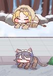  2girls :&lt; all_fours animal_ears bangs black_hair blonde_hair blush_stickers braid bulga cat_ears cat_tail chibi closed_eyes full_body gloves last_origin lion_hood lion_tail maid_headdress multiple_girls paw_gloves paws poi_(last_origin) queen_of_mane snow tail twin_braids twintails yellow_eyes 