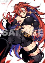  1girl 2021 artist_name bare_shoulders belt belt_buckle breasts buckle claws commission dated earrings fishine hair_between_eyes high_heels highres jewelry large_breasts looking_at_viewer midriff muscular muscular_female navel original pants ponytail red_eyes redhead sample simple_background single_thighhigh solo teeth thigh-highs thigh_strap watermark white_background 