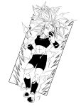  1girl abs aura dragon_ball dragon_ball_super earrings fenyon hand_on_hip highres jewelry kefla_(dragon_ball) midriff monochrome muscular muscular_female navel phone selfie shorts spiky_hair sports_bra standing super_saiyan taut_clothes taut_shorts wristband 