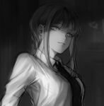  1girl bangs blunt_bangs braid braided_ponytail breasts chainsaw_man collared_shirt commentary_request from_side greyscale long_hair long_sleeves looking_at_viewer makima_(chainsaw_man) medium_breasts monochrome muuyiie necktie parted_lips shirt sketch solo teeth upper_body 