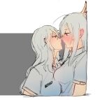  2girls ahoge alternate_costume arknights blush commentary ear_blush ear_piercing english_commentary face-to-face from_side grey_hair imminent_kiss long_hair multiple_girls piercing red_eyes skadi_(arknights) sketch specter_(arknights) sweatdrop upper_body wall_slam wandering_sarkaz yuri 