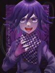  1boy :d bangs black_border black_scarf blood blood_from_mouth blush border buttons checkered checkered_neckwear checkered_scarf dangan_ronpa_(series) dangan_ronpa_v3:_killing_harmony double-breasted flipped_hair grey_jacket hair_between_eyes hand_up highres iwashi_(kamekazusa) jacket long_sleeves looking_at_viewer open_mouth ouma_kokichi pink_blood purple_background purple_hair scarf shiny shiny_hair smile solo sweat upper_body upper_teeth v-shaped_eyebrows violet_eyes white_scarf 