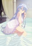  1girl 86_-eightysix- absurdres antenna_hair bare_shoulders bed_sheet grey_eyes hair_between_eyes highres indoors lingerie long_hair looking_at_viewer official_art on_bed one_eye_closed pillow silver_hair solo thighs underwear vladilena_millize waking_up 