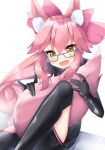  1girl akimiya_yamiku animal_ear_fluff animal_ears bangs black_bodysuit blush bodysuit bow breasts fate/grand_order fate_(series) fox_ears fox_girl fox_tail glasses hair_between_eyes hair_bow highres hip_vent knee_up koyanskaya_(fate) long_hair looking_at_viewer open_mouth pink_bow pink_eyebrows pink_hair ponytail sidelocks sitting small_breasts smile solo tail tamamo_(fate)_(all) thighs yellow_eyes younger 