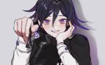  1boy bangs black_cape black_hair blurry blurry_foreground blush cape cheek_rest chess_piece commentary_request dangan_ronpa_(series) dangan_ronpa_v3:_killing_harmony grey_background grin hair_between_eyes hands_up highres holding long_sleeves looking_at_viewer male_focus ouma_kokichi shiny shiny_hair short_hair simple_background smile solo sudan_73_p upper_body violet_eyes 