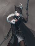  1girl ascot blonde_hair blood bloodborne blue_eyes boots cape coat cravat ftmk2 gem gloves hat hat_feather highres holding jeweled_cravat lady_maria_of_the_astral_clocktower long_hair looking_at_viewer ponytail rakuyo_(bloodborne) solo sword the_old_hunters tricorne weapon white_hair 