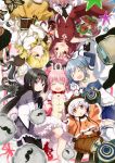  6+girls akemi_homura bare_shoulders black_hair black_legwear blush boots breasts bubble_skirt charlotte_(madoka_magica) drill_hair fingerless_gloves gloves hair_ribbon hairband hand_up highres kaname_madoka kyubey large_breasts long_hair looking_at_viewer lying mahou_shoujo_madoka_magica mahou_shoujo_madoka_magica_movie miki_sayaka momoe_nagisa multiple_girls open_mouth ribbon rilafm345 sakura_kyouko skirt smile tomoe_mami twin_drills yellow_eyes yuri 