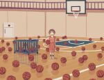  1boy absurdres avogado6 basketball basketball_court basketball_uniform brown_hair commentary_request highres indoors jersey looking_at_viewer male_focus original shoes short_hair socks solo sportswear standing white_eyes wide_shot 