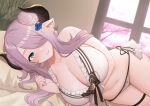  1girl absurdres bare_arms bare_shoulders bed_sheet bikini black_bow black_ribbon blush bow breasts closed_mouth commentary_request ear_piercing frilled_bikini frills granblue_fantasy hair_bun hair_ornament hair_over_one_eye highres horns indoors large_breasts lock long_hair looking_at_viewer lying narmaya_(granblue_fantasy) navel on_bed on_side padlock piercing pillow pink_hair pointy_ears ribbon sakamotono side-tie_bikini smile solo swimsuit violet_eyes white_bikini 