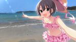  1girl bare_shoulders beach bikini black_eyes commentary_request day frilled_bikini frills grey_hair highres horizon idolmaster idolmaster_cinderella_girls lens_flare looking_at_viewer navel ocean open_mouth otokura_ringo otokura_yuuki outdoors photo_background pink_bikini pointing short_hair solo swimsuit water 