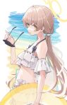  1girl blue_archive eyebrows_visible_through_hair eyewear_removed from_side halo hifumi_(blue_archive) holding holding_eyewear innertube light_brown_hair long_hair looking_at_viewer low_twintails namaonpa solo sunglasses swimsuit twintails white_swimsuit yellow_eyes 