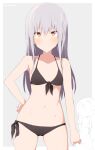  2girls absurdres bang_dream! bangs bare_legs bare_shoulders bikini black_bikini blush border breasts closed_mouth cowboy_shot eyebrows_visible_through_hair front-tie_bikini front-tie_top grey_background grey_hair halter_top halterneck hand_on_hip highres hikawa_sayo kai3700 long_hair looking_at_viewer lowleg lowleg_bikini minato_yukina multiple_girls navel orange_eyes shadow side-tie_bikini sidelocks skindentation small_breasts smile smug solo_focus standing stomach swimsuit thighs twitter_username white_border 