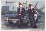  2girls assault_rifle black_footwear black_jacket blue_eyes blue_neckwear blue_pants boots brown_eyes brown_hair car chicago_police_department ground_vehicle gun highres holding holding_gun holding_weapon jacket leaning_on_object leather leather_jacket motor_vehicle multiple_girls necktie one_eye_closed original outdoors pants plymouth plymouth_fury police police_car police_uniform policewoman ponytail rifle shotgun sitting sitting_on_object smile thrux uniform weapon 