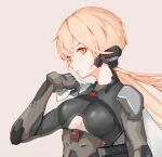  1girl alternate_costume armor blonde_hair breasts closed_mouth eyebrows_visible_through_hair girls_frontline girls_frontline_2:_exilium gloves grey_gloves headphones long_hair looking_at_viewer medium_breasts mo_geng ots-14_(girls_frontline) simple_background solo_focus under_boob yellow_eyes 