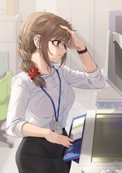  1girl bags_under_eyes bangs black_skirt bra_through_clothes braid bralines brown_eyes brown_hair chair closed_mouth collared_shirt commentary_request copy_machine dress_shirt eyebrows_visible_through_hair furrowed_brow hair_ornament hair_scrunchie hand_in_hair id_card idolmaster idolmaster_cinderella_girls indoors kamille_(vcx68) lanyard long_sleeves office_chair office_lady pencil_skirt red_scrunchie scrunchie see-through senkawa_chihiro shirt skirt solo standing white_shirt 