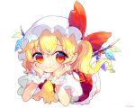  1girl artist_name ascot bangs blonde_hair bow closed_mouth collared_shirt commentary crossed_bangs crystal eyebrows_visible_through_hair eyes_visible_through_hair fang flandre_scarlet frilled_sleeves frills full_body hands_on_own_cheeks hands_on_own_face hat hat_bow head_rest hinasumire light_blush looking_at_viewer lying mary_janes medium_hair mob_cap on_stomach one_side_up petticoat pointy_ears puffy_short_sleeves puffy_sleeves red_bow red_legwear red_skirt red_vest shirt shoes short_sleeves simple_background skin_fang skirt skirt_set smile socks solo touhou vest watermark white_background white_headwear white_legwear white_shirt wing_collar wings wrist_cuffs yellow_neckwear 